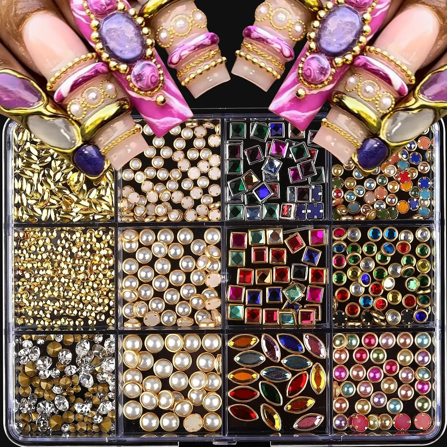 Nail Art Rhinestone Set, Nail Art Supplies, Nail Art Accessories, 12-Piece, Multi-Shaped Gemstones, Metal Nails, 3D Nail Decoration Kit, Regal Gemstones & Pearls, Mix Rhinestones, Pearls & Gold Charms