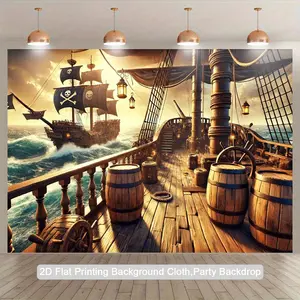 2D Flat, 1pc Pirate Ship Deck Backdrop - Nautical Pirate Ship Banner with Sailing Ship, Pirate Flags - Durable Polyester Fabric for Birthday, Halloween, Themed Parties, Photo Booths - Indoor/Outdoor Decoration - No Electricity Needed - Easy Hang Pirate