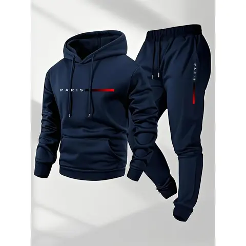 Men's Paris letter printed hoodie and drawstring sweatpants set