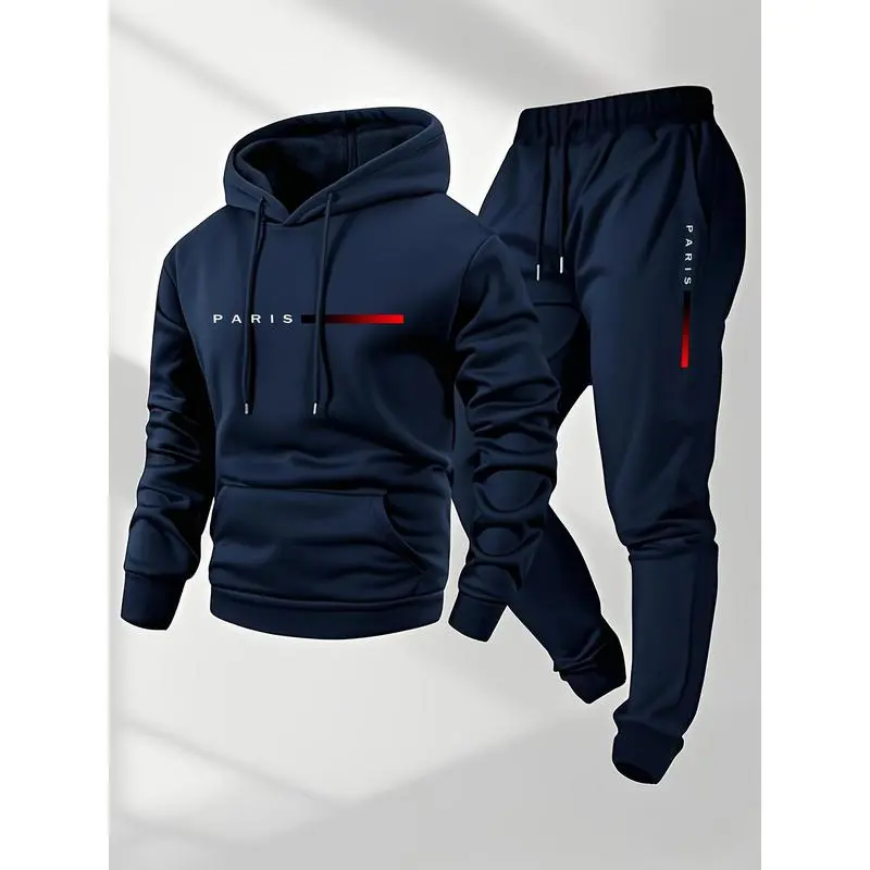 Men's Paris letter printed hoodie and drawstring sweatpants set Men's Paris letter printed hoodie and drawstring sweatpants set