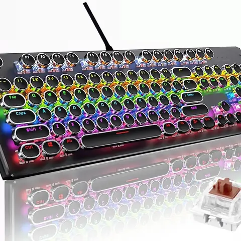 Basaltech YD-Series 104-Key Full-Size Wired Mechanical Keyboard - Metal, Brown Switch, Typewriter-Style Custom Keycaps, RGB Backlight, FN+DEL Save Lighting, Multimedia Keys, Anti-Ghosting, FPS Gaming, Windows Compatible, Gamer Gift (Black/White) Backlit K