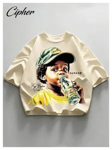 Men's Summer Kids Print Loose T-Shirt, Retro Street Style, American High Street Sweet Cool Top, Casual Summer