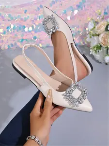 Summer new style pointed-toe closed-toe sandals with sparkling diamond decoration, fashionable back strap, soft sole, breathable, suitable for daily wear, comfortable for commuting and shopping, flat sandals for women Footwear