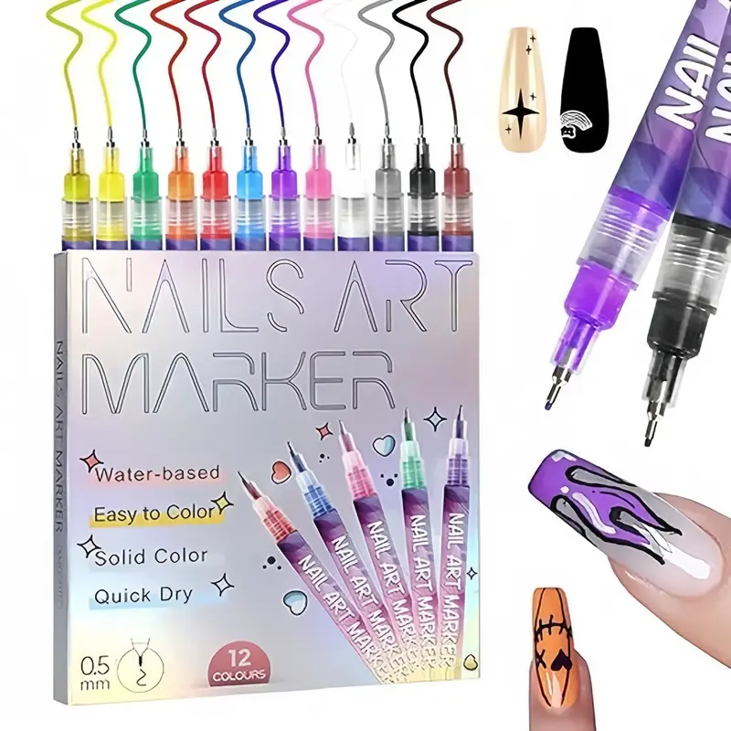12 Colors 3D Nail Art Pens - 0.5MM Fine Precision Tip Marker, Water-Based Solid Color Cosmetic Manicure Graffiti Liner Tools, Fast-Drying Nail Art Supplies with Storage Reminder to Close Cap Tightly & Avoid High Temperature, for Home & Salon Detailing