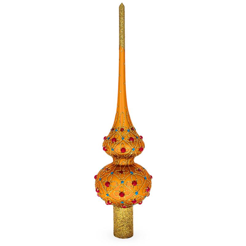 Red Jewels on Gold Geometrical Mouth Blown Glass Christmas Tree Topper 11 Inches