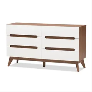 212 MAIN Mid-Century Modern 6-Drawer Storage Dresser - White & Walnut 2-Tone Finish, Engineered Wood Indoor Cabinet with Cutout Handles, Two-Tone Finish