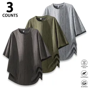 Bark-Textured Curved-Hem Tee Mens Oversized Casual Short-Sleeve with Distressed Vertical Pattern, Relaxed Fit & Crew Neck for Daily Wear & Street Style