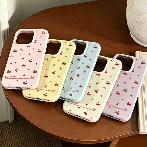 Women's Cute Cherry Heart-Border Aesthetic Phone Case for iPhone Series (18Pro Max, 17 Air, 16Plus, E, 15, 14, 13) - Premium Glossy Soft TPU-PC Composite, Side Heart-Shaped Relief, Fingerprint-Resistant, Shockproof Drop Protection, JL115
