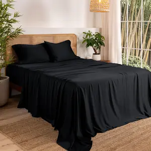 100% Rayon Made from Bamboo Queen Sheet - 4 - Deep Pockets - Cooling - - Easy Fit -  Pillowcases (Queen, Black)