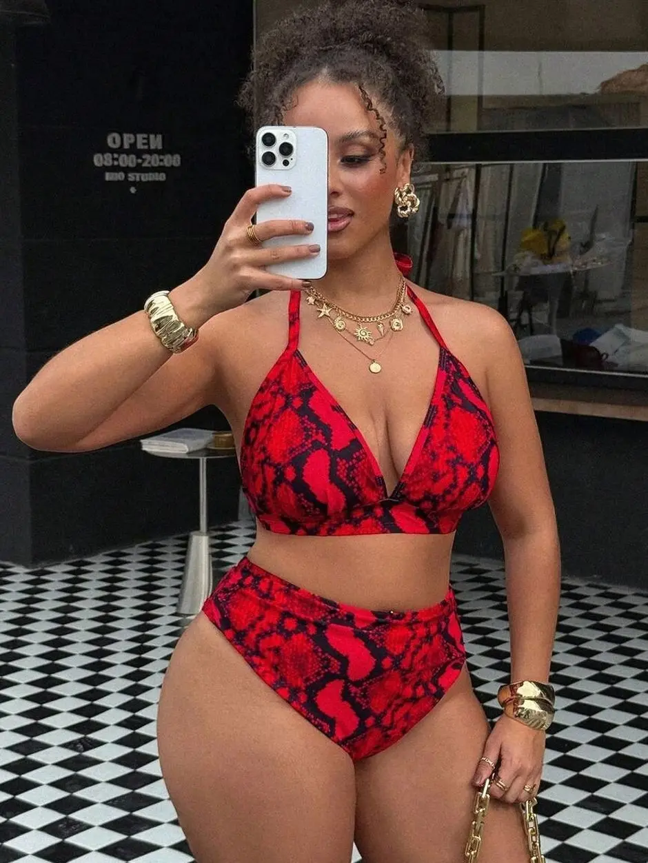 Plus Size Floral Halter Backless Bikini, Sexy Two Piece Swimsuit for Beach Vacation