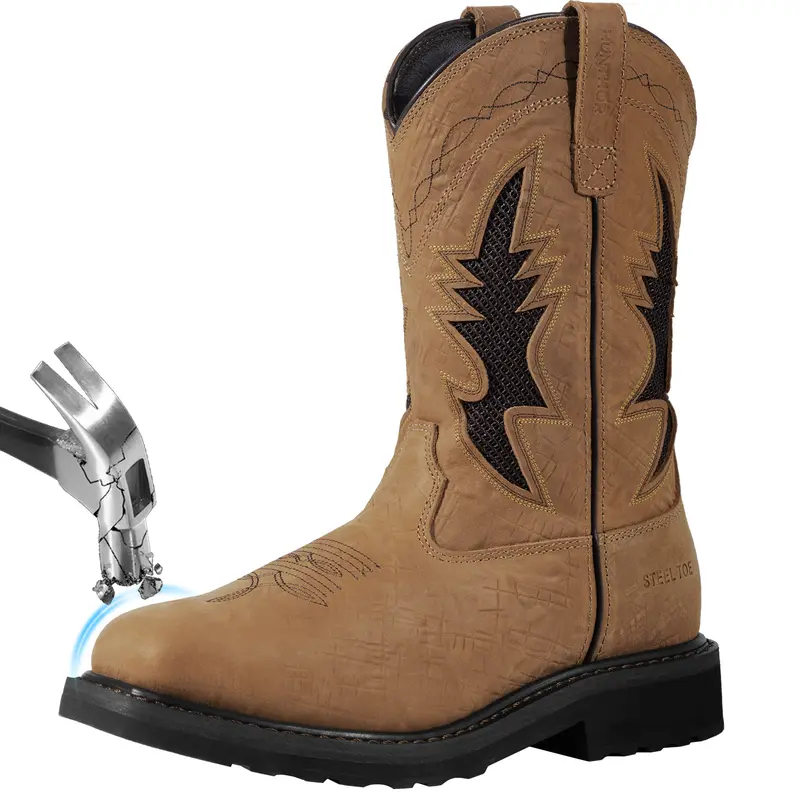 Men's Full Grain Leather Steel Toe Western Work & Safety Boot - Square Toe, Steel Shank Support, Slip-Resistant, Puncture-Proof, Breathable Mesh, Goodyear Welt, Rubber Sole, EVA Midsole, EVA Cushion, Size 7-14 Brown (for Construction,Farming)