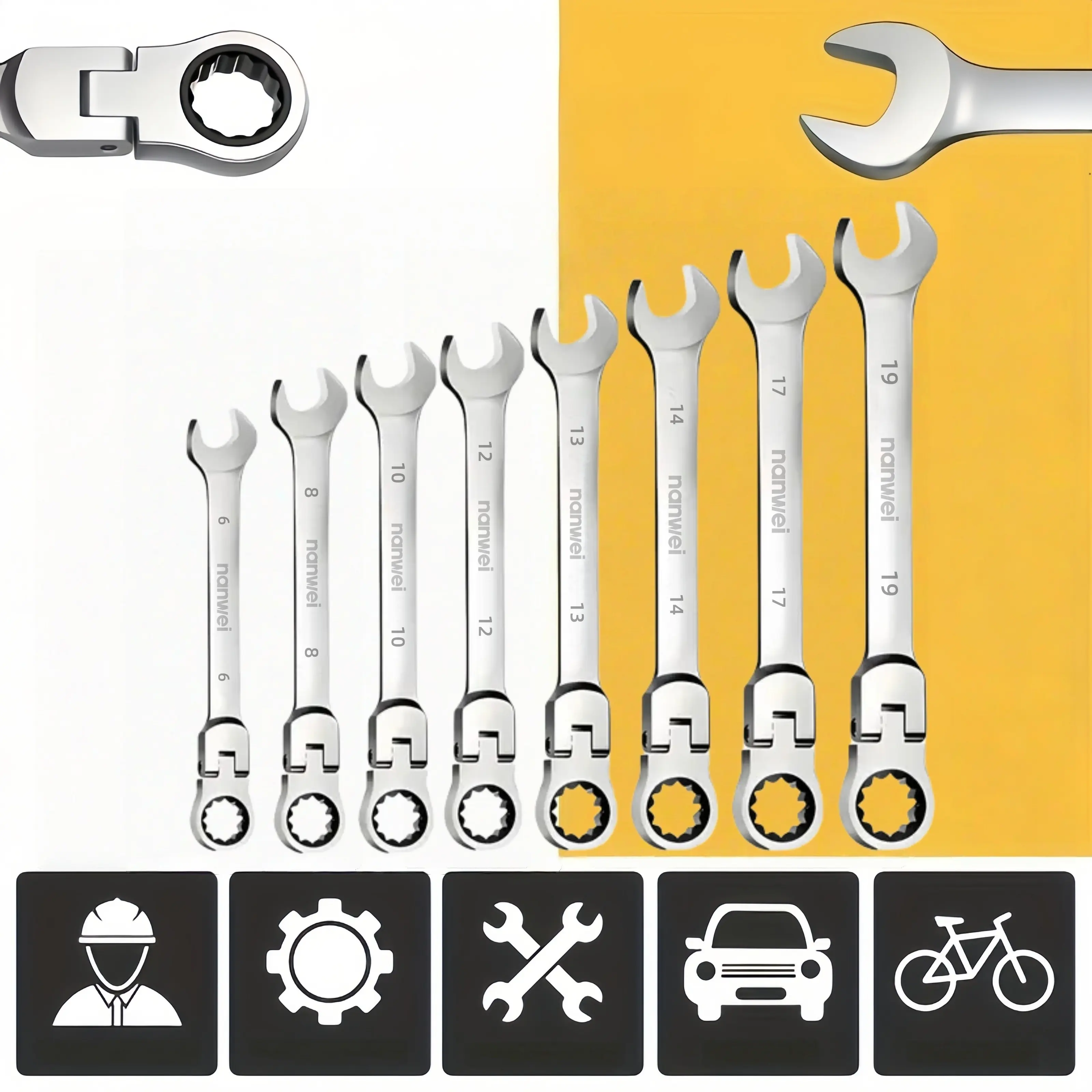 8PCS Flex Head Ratcheting Wrench Set Metric (6-19mm), 72-Tooth 180° Swivel Head Combination Ratchet Spanner Kit, Chrome Vanadium Steel Open & 12-Point Box End Hand Tool Set for Automotive Engine Repair & Bicycle Maintenance