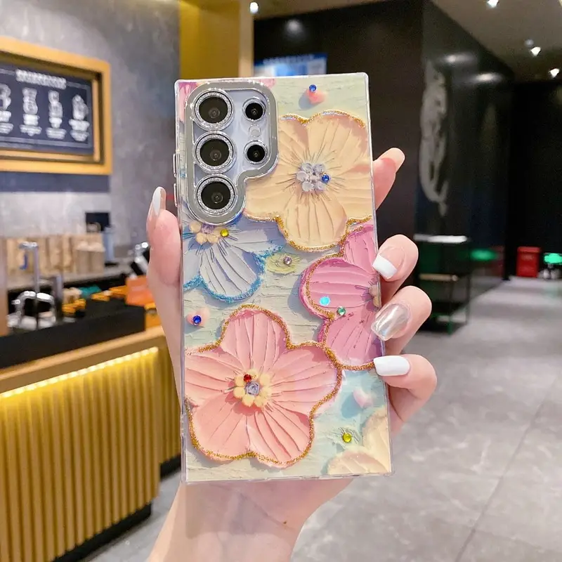 Advanced Art Oil Painting Flower Phone Case, Wave Edge Safe Phone Case for S22 S23 S24 Ultra