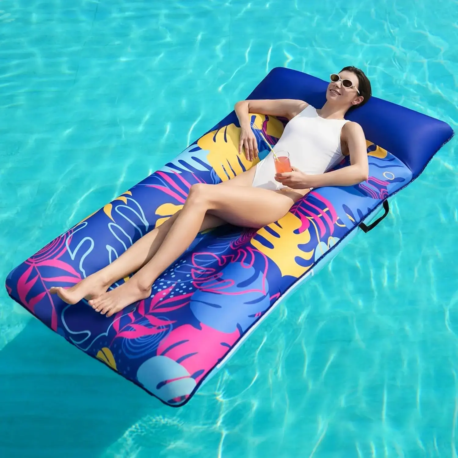 Inflatable Pool Floats Lounger - XL Fabric Covered Pool Mat Floaties for Adults, Ultra Comfort Water Floating Lounger with Headrest for Beach Lake Swimming Pool Float Raft 68"X34"