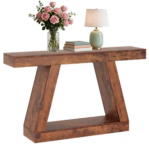 Garvee and Garvee 55-Inch Farmhouse and Industrial Style Console Tables with Trapezium Design, Wooden Sofa Tables Featuring Open Storage Shelves, Perfect for Entryways, Living Rooms, and Hallways in Brown and Natural Finishes