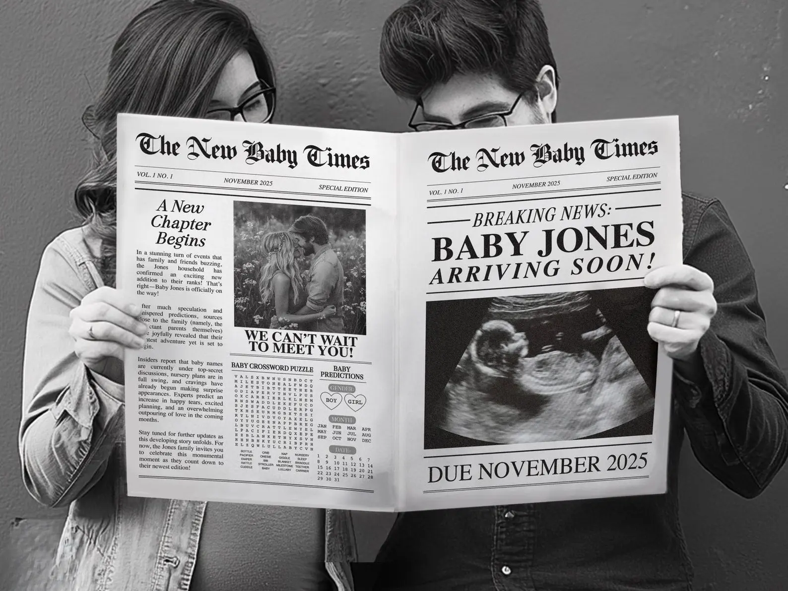Personalized Newspaper Pregnancy Announcement, Custom Baby Reveal Newspaper, Expecting Parents Coming Soon Keepsake, Printed Physical Item