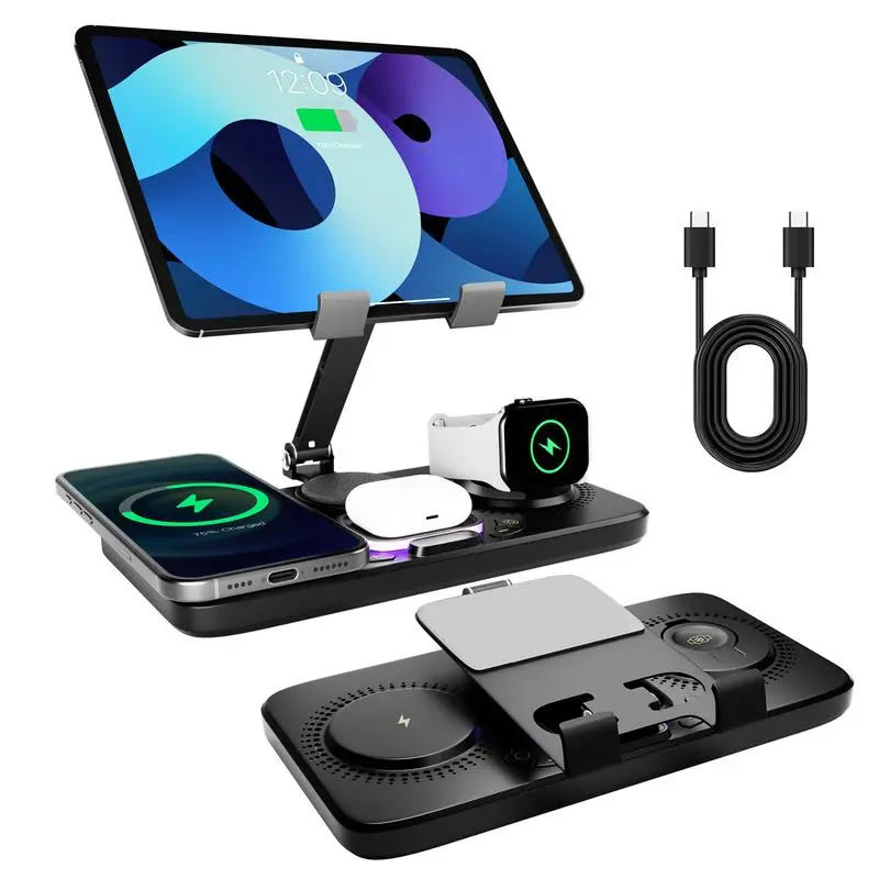 7-in-1 Wireless Charging Stand for Tablets & Phones: Foldable, Portable Desktop Charger with Digital Clock for iPhone, iPad, Samsung, Android - Adjustable Wireless Charging Station