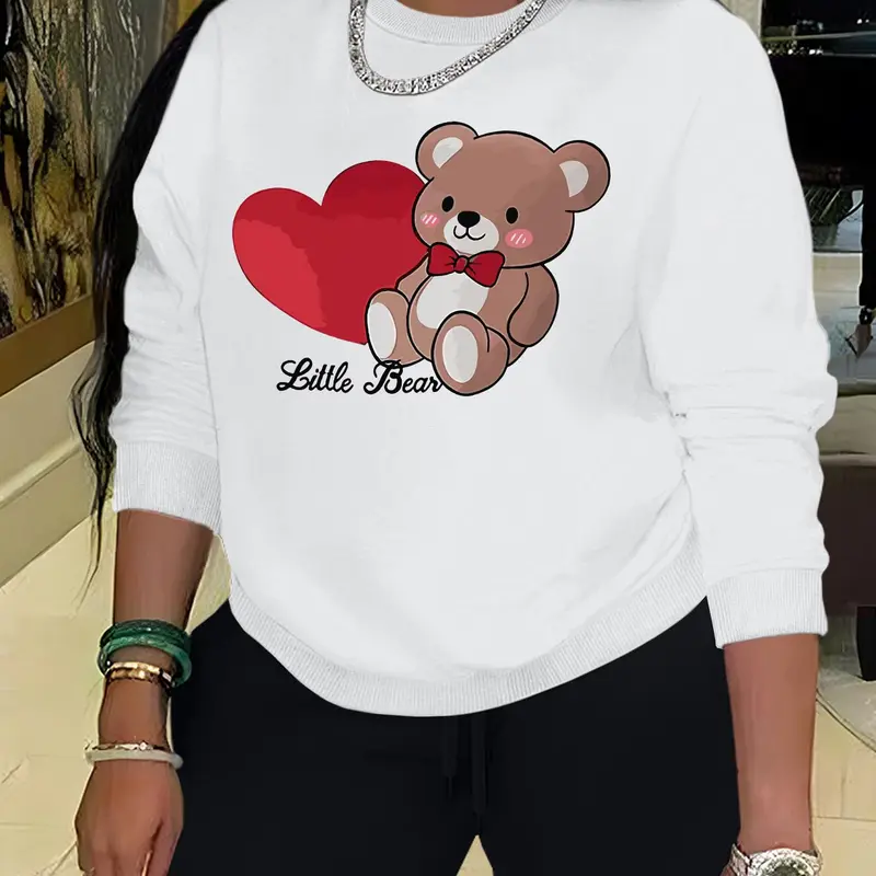 Women's Cartoon Bear & Heart Print Round Neck Sweatshirt, Casual Fashion Knit Long Sleeve Pullover, Women's Fall & Winter Clothes for Daily Wear