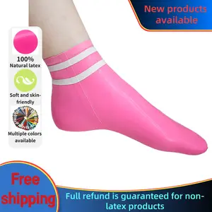 Pure Natural Latex Socks Unisex High Elasticity Peach Pink with White Stripes Thigh High Stretchable Seamless Toe Comfortable Cute Fits