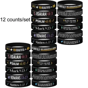 Bible Verse Silicone Rubber Bracelet 12 Counts Set Christian Inspirational Daily Wristband for Men Women Religious Gift for Men Women Thanksgiving Day Gifts Birthday Gift Ideas Encouragement Boy Necklace Positive Thoughtful