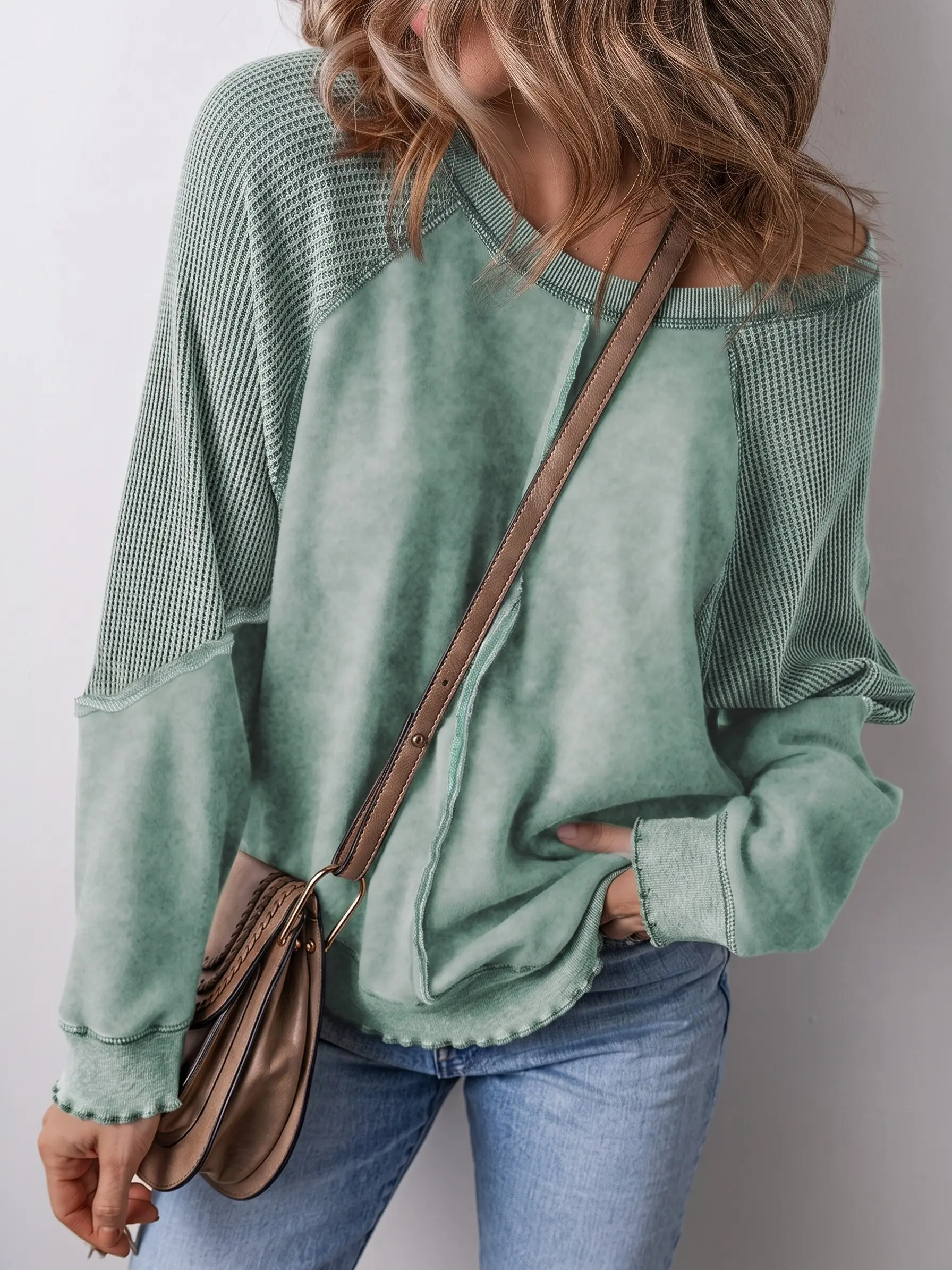 Shewin Women's Off-Shoulder Raglan Long Sleeve Waffle Knit Patchwork Washed Sweatshirt - Ruffle Cuff Lady Clothes, Cute Tops for Women, Chic Pullovers, Long Sleeve Tops for Daily Outings DealsForYouDays