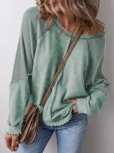 Shewin Women's Off-Shoulder Raglan Long Sleeve Waffle Knit Patchwork Washed Sweatshirt - Ruffle Cuff Lady Clothes, Cute Tops for Women, Chic Pullovers, Long Sleeve Tops for Daily Outings DealsForYouDays,summerwins,summeroutfits,vacationoutfits,beachoutfit