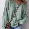 Shewin Women's Fitted Off-Shoulder Raglan Waffle Knit Long Sleeve Pullover - Ruffle Cuff, Abstract Patchwork, Washed Cotton-Polyester Blend, Cute Chic Top, M Size, Back to School, Daily Outings,sohochic