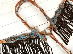 Teal Blue and Brown Floral Tooled with Brown Suede Fringe Tack Set