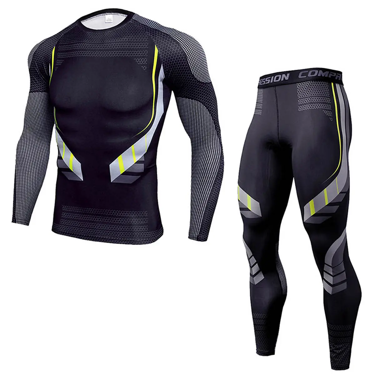 AYJKSEVEN Men's 2 Pack Tight Gym Clothes Workout Compression Long Sleeve Shirt Leggings Pants Quick Dry Base Layer Tracksuit