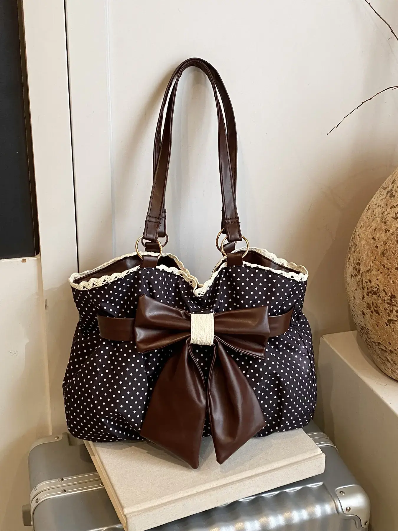 Trendy Fashion Large Capacity Polka Dot Bow Decor Bag, Handheld Shoulder Bag, Stylish Women's Accessory, fashionable patterned bag, Perfect for Daily Use, PU Leather Bag