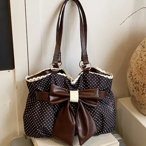 Trendy Fashion Large Capacity Polka Dot Bow Decor Bag, Handheld Shoulder Bag, Stylish Women's Accessory, fashionable patterned bag, Perfect for Daily Use, PU Leather Bag