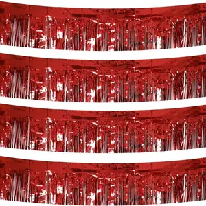 4 Pack Total 40 Feet Foil Fringe Garland Metallic Wall Hanging Drapes Tassel Skirting Tinsel Streamers Decorations for Parade Float Trailer Mardi Gras Party Birthday Wedding (Red)