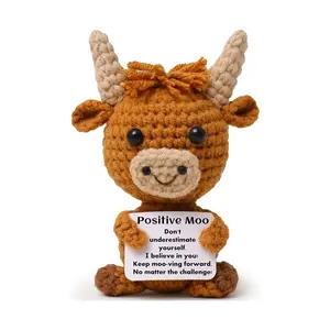 Mini Funny Positive Highland Cow, Knitted Wool Cow Toy with Positive Card - Creative Cute Crochet Doll Emotional Support Cheer Up Keepsake Gift for Friends, Women, Student, Christmas (Cow)