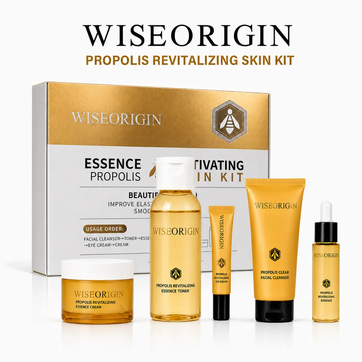 WiseOrigin Propolis Revitalizing Skin Kit - Essence, Toner, Cleanser, Cream, and Serum for Radiant Skin