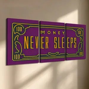 3 Pcs/Set Wooden-Framed Canvas Painting, "Money Never Sleeps" Motivational Quote Triptych Canvas Wall Art, Purple & Yellow Print for Living Room, Bedroom, Office Decoration, Modern Home Decor, Fashion Artistic Ornaments, Artwork