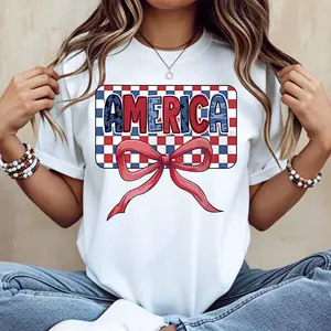 America Flag Checkered Pattern With Red Bow Print T Shirt Women Casual Short Sleeve Top Summer Fashion Loose Fit White Tshirt