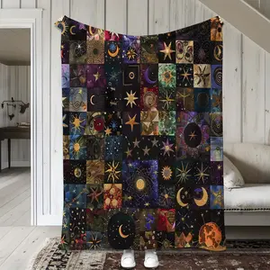 Star & Moon Pattern Tapestry Blanket, Soft Throw Blanket, Air-conditioned Room Blanket, Warm Nap Blanket for Home Office Travel Camping, Flannel Throw Blankets