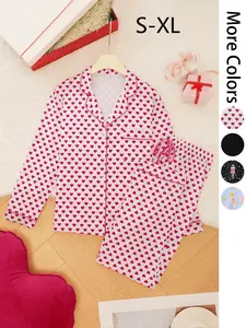 Women's All Over Print Lapel Neck Button Up Front Shirt & Pants Pyjama Two-piece Set, Casual Comfy Long Sleeve Top & Trousers PJ Set, Ladies Sleepwear for Summer, Womenswear, Loungewear, Pajama Set