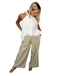 Beige Pleated Wide Leg Pants
