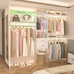 96 Inch Hanging Closet System, 8 FT Closet Organizer System with Hanging Rod, Walk In Mounted Closet System, Built-In Clothes Garment Rack with 2 Wooden Drawers & 3 Shelving Towers (Can Be Cut To Fit)