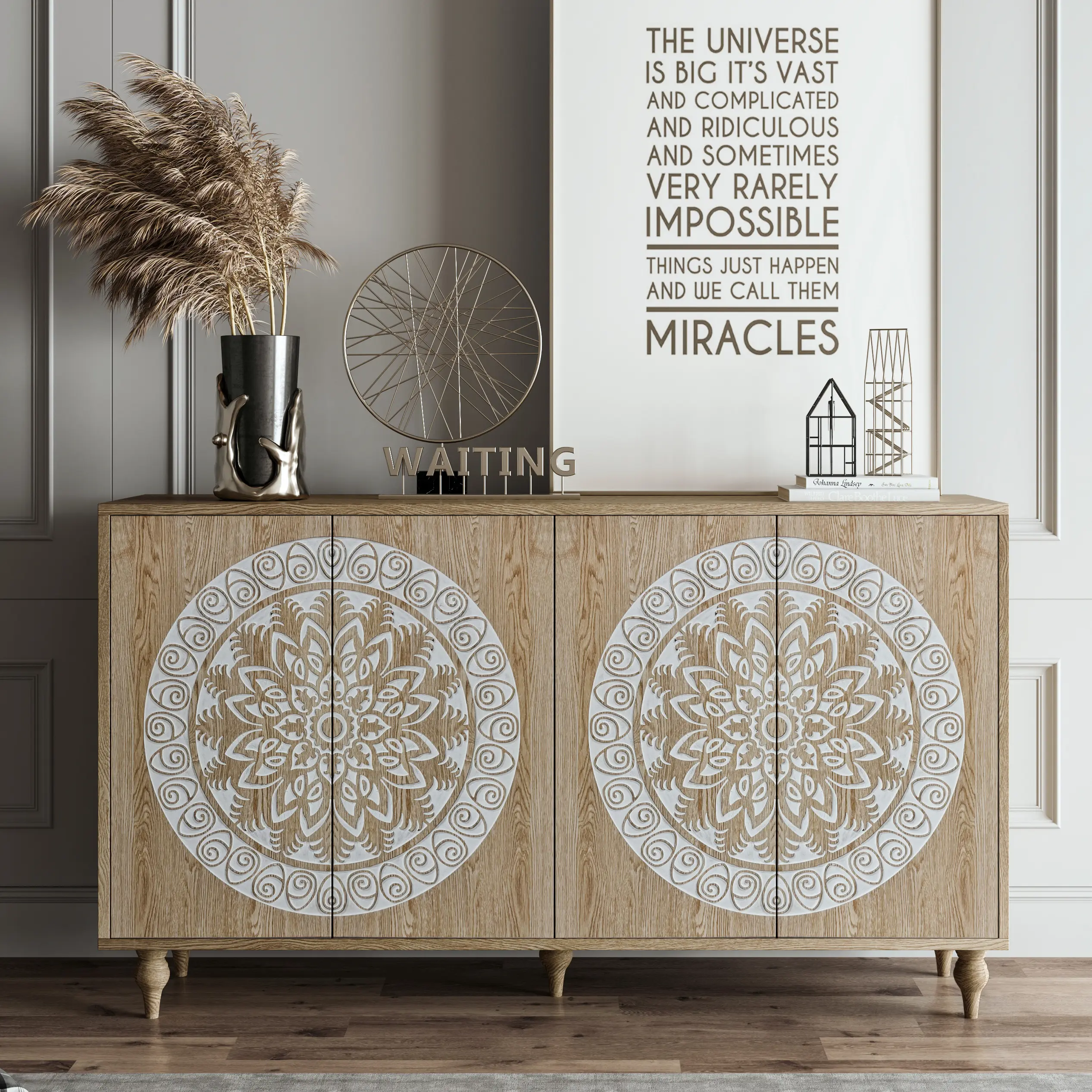 60-Inch Boho Sideboard with Mandala Carved Doors, Light Oak Finish, 4-Door Storage Cabinet with Adjustable Shelves and Elevated Legs for Dining Room, Living Room, Entryway
