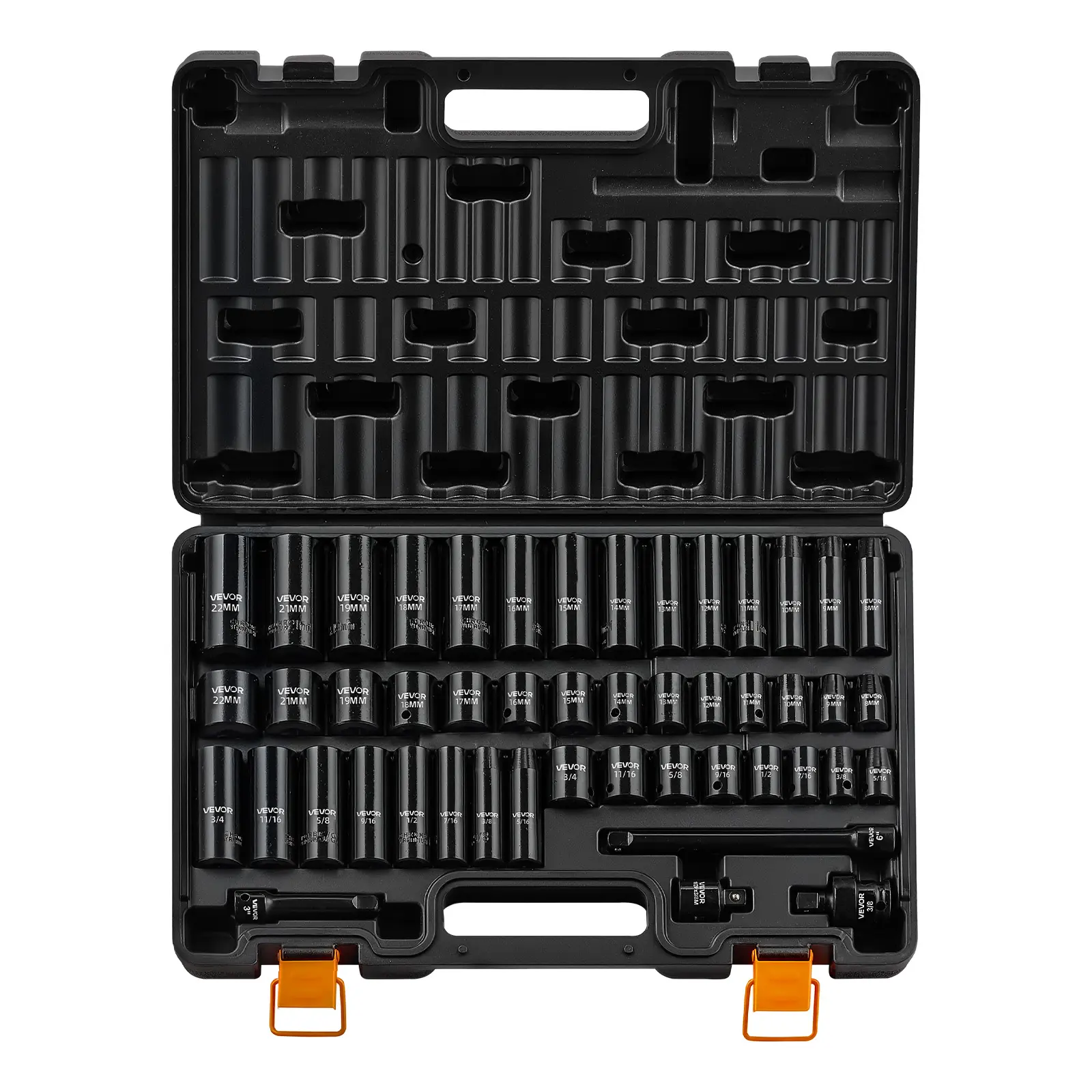 【summerfinds】VEVOR Impact Socket Set, 3/8" Drive, 48-Piece Socket Set, 6-Point Sockets, SAE 5/16"-3/4" and Metric 8-19 mm, 21-22 mm, Easy to Identify, Cr-V Alloy Steel, Extension Bar, Adapter and Storage Cage