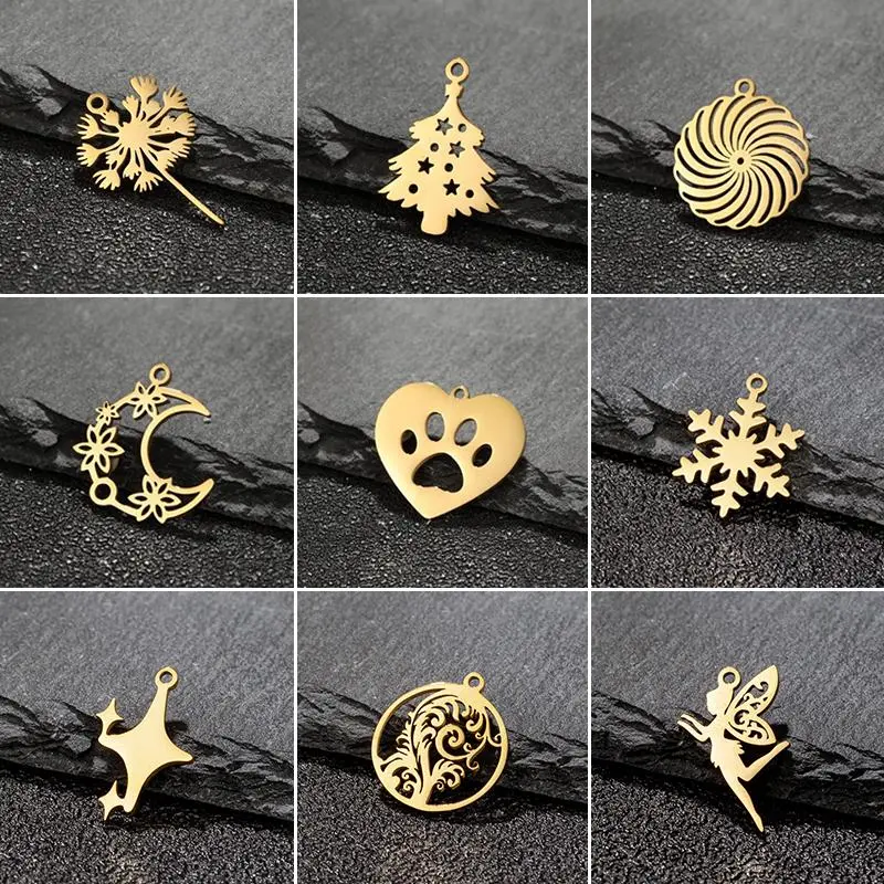 5Pcs/Lot Stainless Steel Charms for Jewelry Making Christmas Tree Pendant Dandelion Star Moon Charm Necklace DIY Accessories