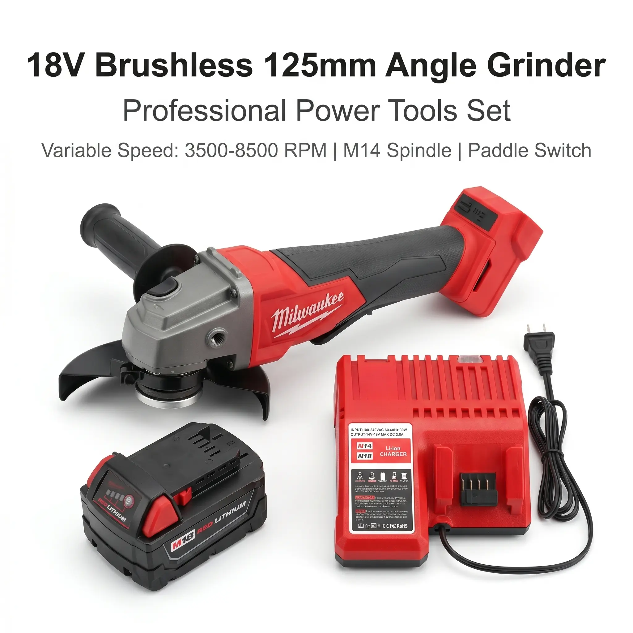 Milwaukee M18 Series 18V Brushless Rechargeable Grinding Tool - 125mm Wheel, M14 Spindle, 3500-8500 RPM Variable Speed Angle Grinding Machine, Paddle Grip Bare Tool for Workshop Mechanics (Batteries Not Included)