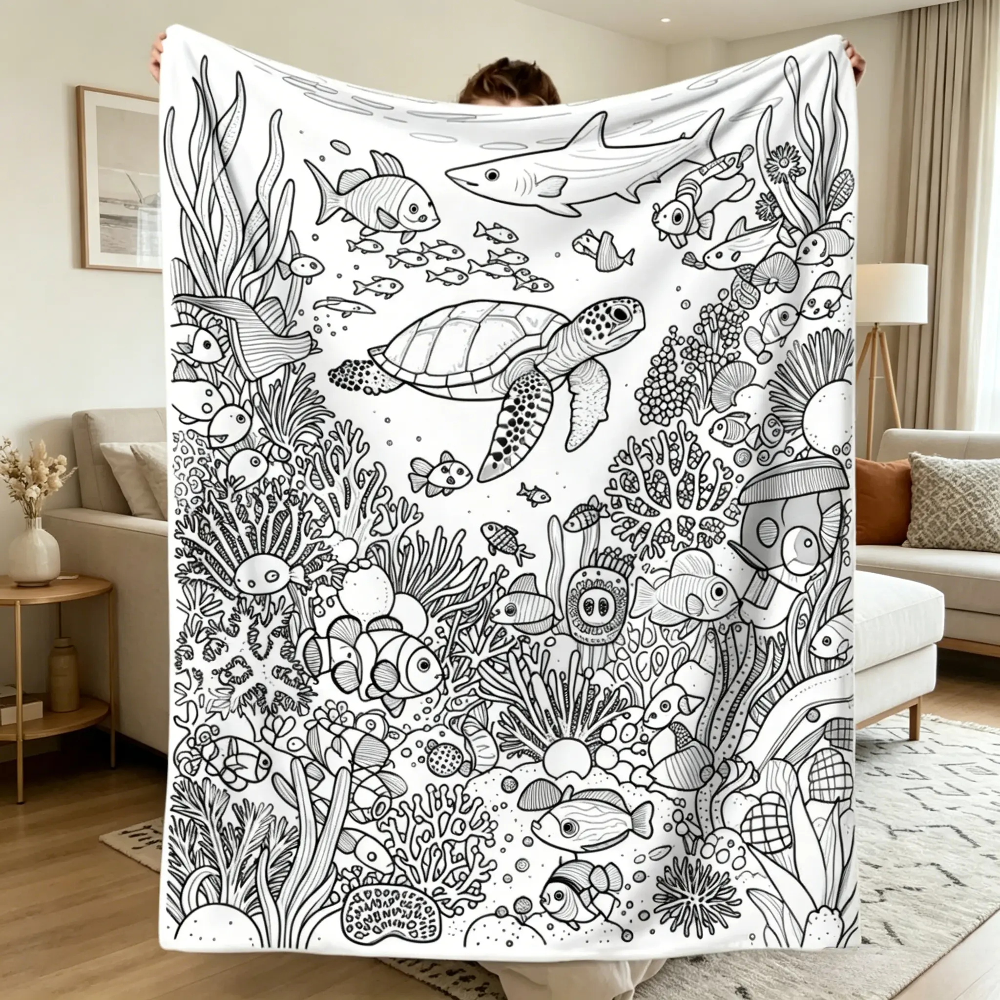 Ocean-Themed Durable Flannel Fabric Blanket Throw for Adults - Sea Creatures Line Art, English Labels, Relaxing Sea Patterns, Travel/Camping Bedding, Decorative Blanket, Relaxing Gifts for Home/Office Use, Ocean Life Accent