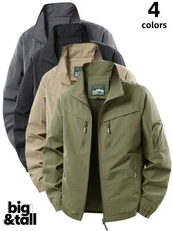Men's Plain Stand Collar Tactical Jacket, Lightweight Long Sleeve Windproof Outerwear with Multiple Pockets for Hiking