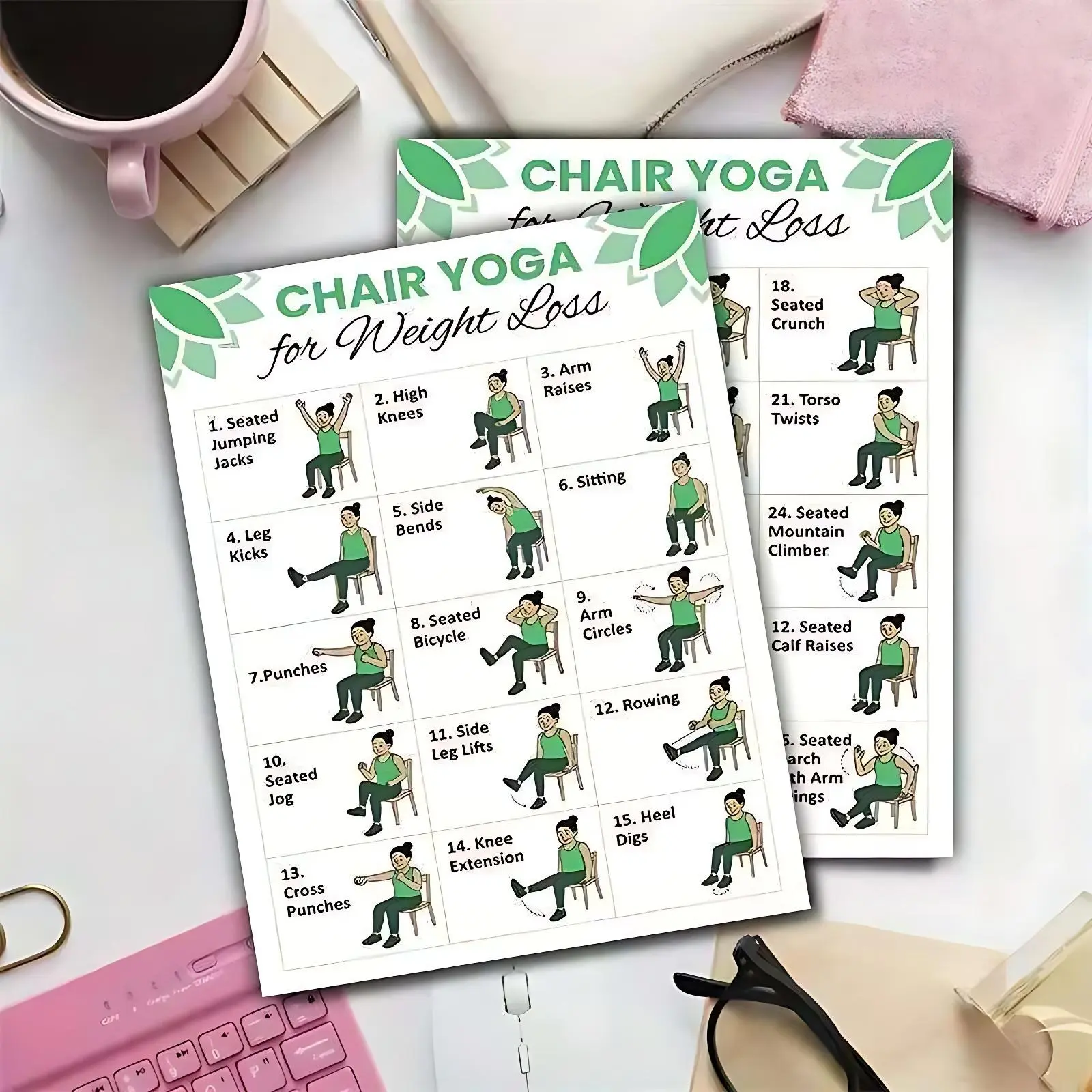 4 sheets per set - Fitness poster, 30 day chair yoga exercise check-in form, weight loss challenge record form, 10x7.99 inches, used as a gift for mother and father