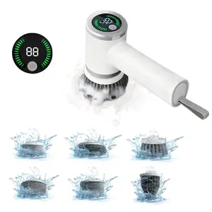 Portable Electric Rotating Cleaning Brush, Durable Power Scrubber, Cleaning Gadgets, Handheld Cleaning Brush, LED Display Cordless Cleaner, 2 Speed, 6 Replaceable Heads, Short Design, Kitchen Bathroom Floor Car Tile