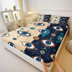 Boho Evil Eye Color Block Bedding, 3-Piece All-Around Elastic Non-Slip Fitted Sheet Set, Skin-Friendly Fabric, Mystical Bedroom Decor