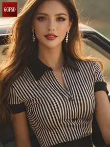 Women's Striped Polo Shirt Short Sleeve Summer New Design Unique Slim Fitted Top, Stylish Everyday Casual Wear for Ladies